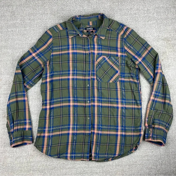 Express Boyfriend Fit Plaid Button Up Shirt - Picture 2 of 9